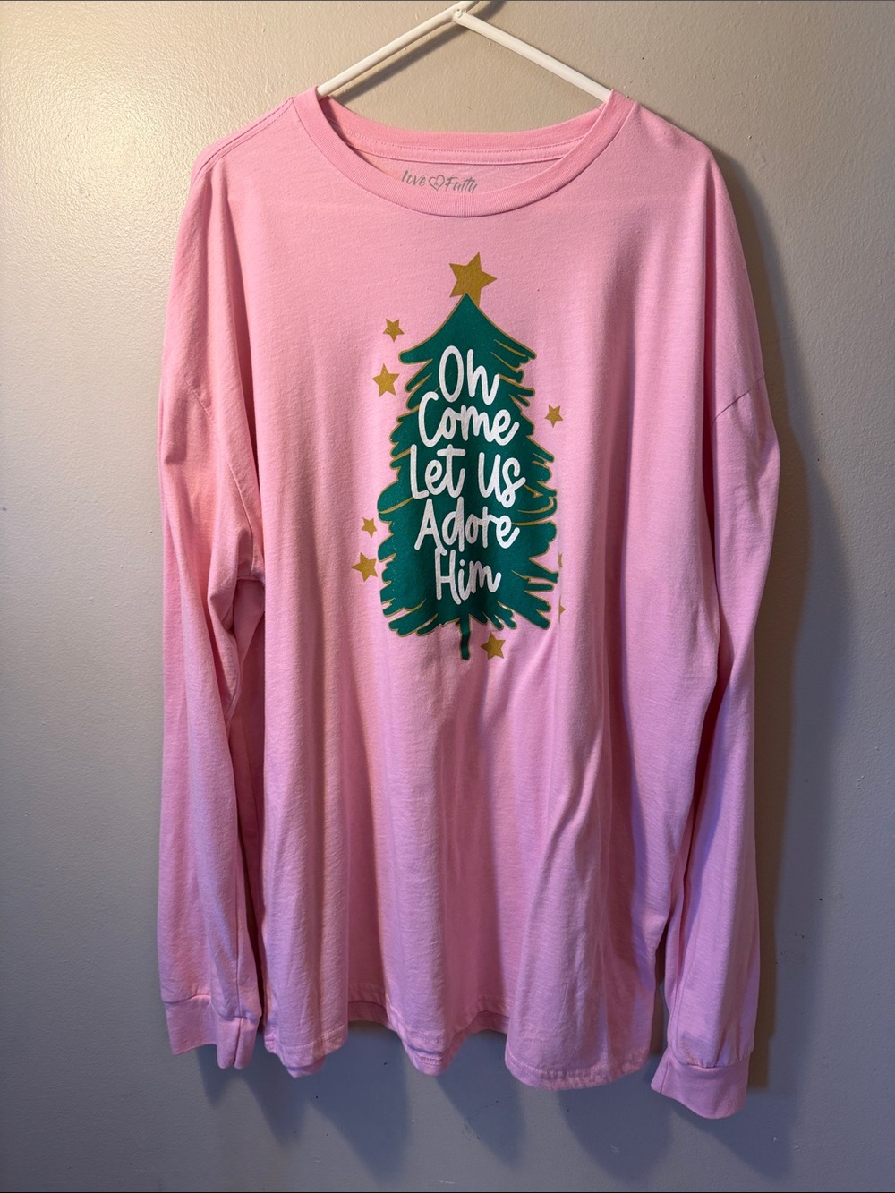 Love in Faith 3XL Pink Long Sleeve Tee with Green Christmas Tree Graphic